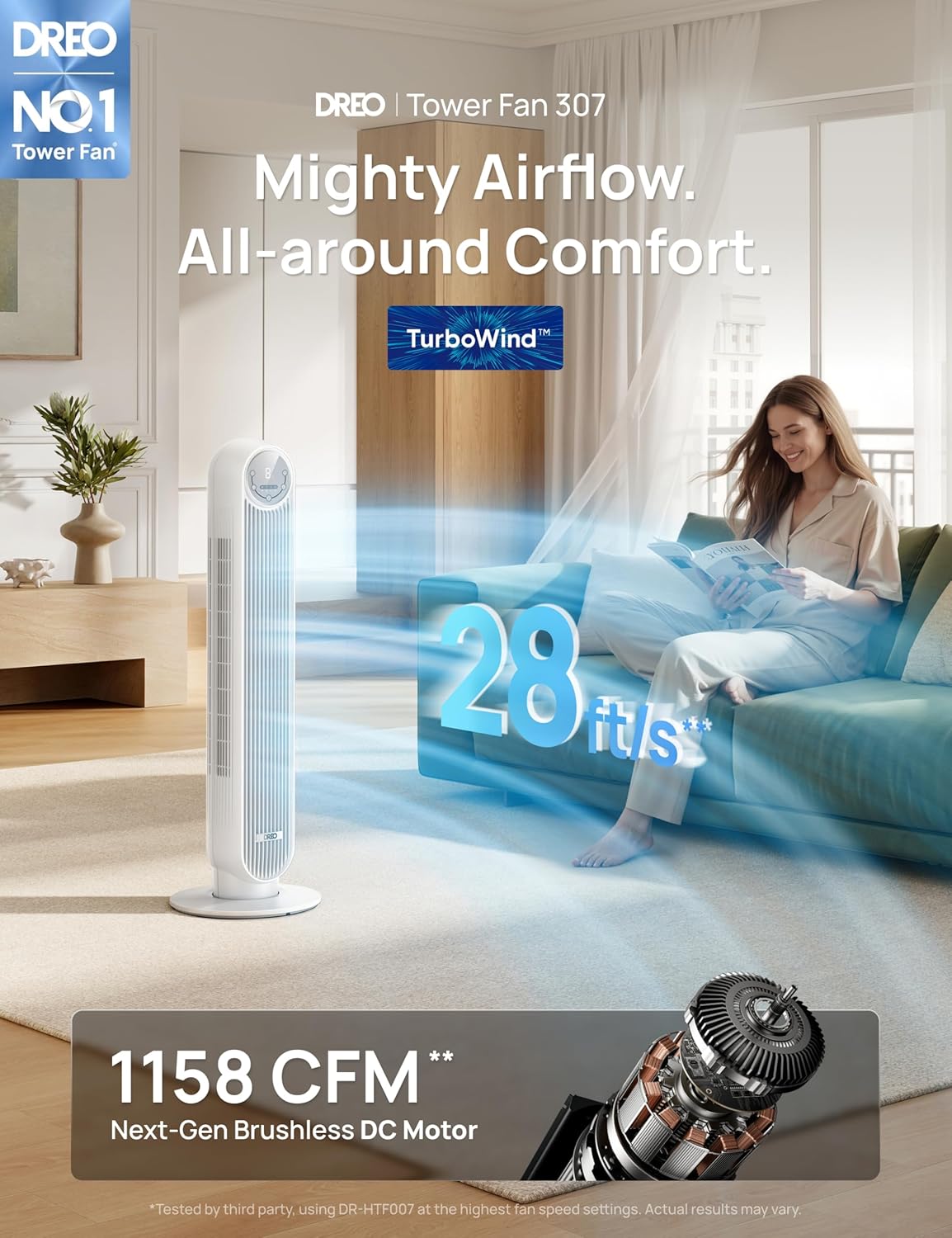 HKM-4967763 2026 DC Motor Tower Fan, 28ft/s High Velocity, 20dB Ultra Quiet, 8 Speeds, 4 Modes, 90° Oscillation, Bladeless, Remote Control, White