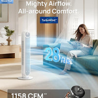 HKM-4967763 2026 DC Motor Tower Fan, 28ft/s High Velocity, 20dB Ultra Quiet, 8 Speeds, 4 Modes, 90° Oscillation, Bladeless, Remote Control, White