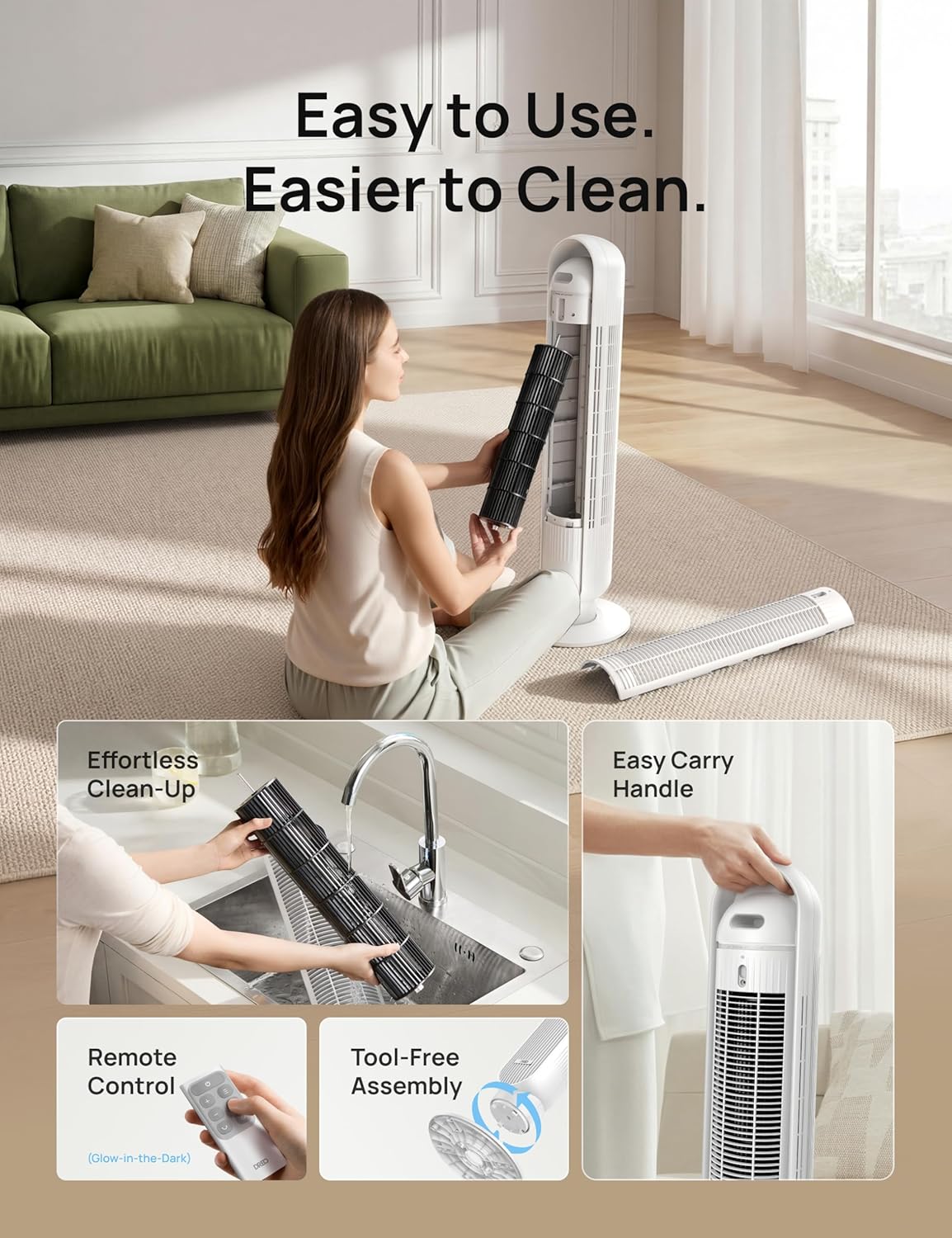 HKM-4967763 2026 DC Motor Tower Fan, 28ft/s High Velocity, 20dB Ultra Quiet, 8 Speeds, 4 Modes, 90° Oscillation, Bladeless, Remote Control, White
