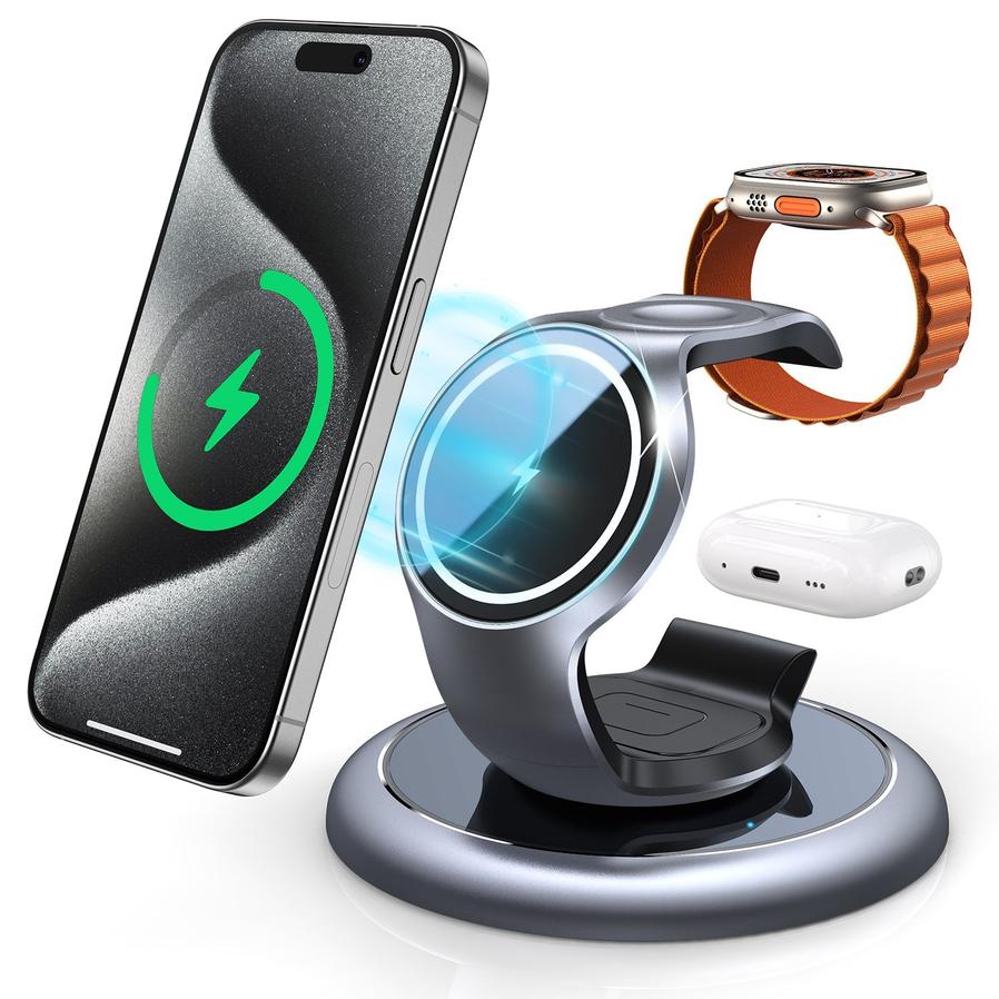 HKM-496787 3-in-1 Magnetic Wireless Charging Station for Apple Devices - Fast Charging Stand for iPhone, iWatch, and AirPods