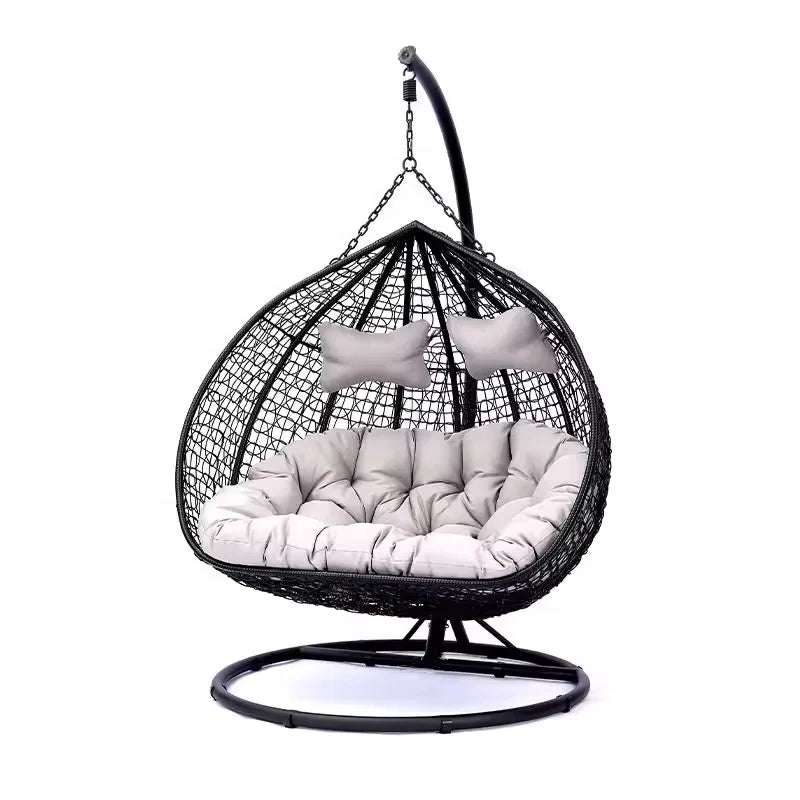 HKM-496787 Double Seated PE Rattan Metal Stand Outdoor Hanging Swing Egg Chair for Garden