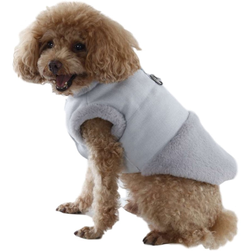 HKM-4968637 Warm Plush Dog Vest with Fur Collar - Soft, Comfortable Pet Clothing in Pink, Navy Blue, Gray, Sizes S-XL