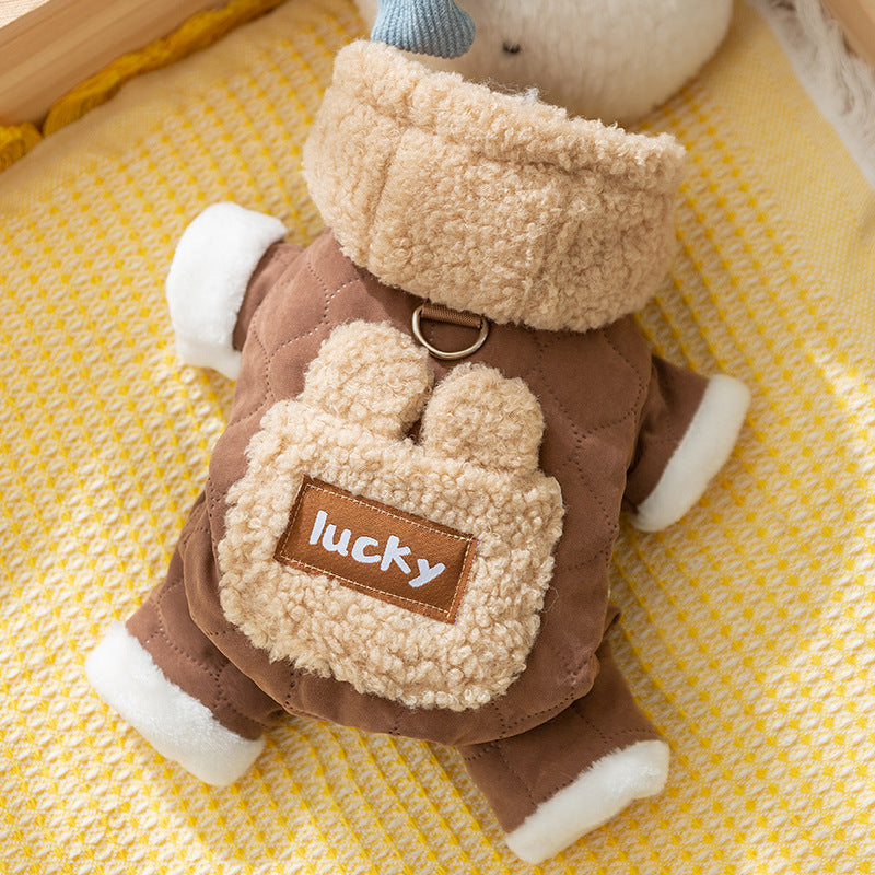 HKM-4969021 Cozy Cotton Dog Outfit with Pockets and 3D Bear Ears for Winter Adventures