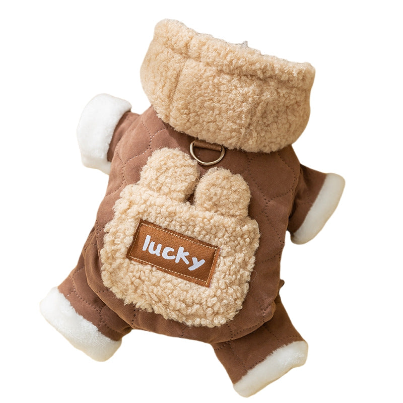 HKM-4969021 Cozy Cotton Dog Outfit with Pockets and 3D Bear Ears for Winter Adventures