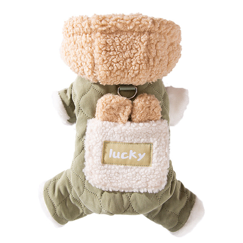 HKM-4969021 Cozy Cotton Dog Outfit with Pockets and 3D Bear Ears for Winter Adventures