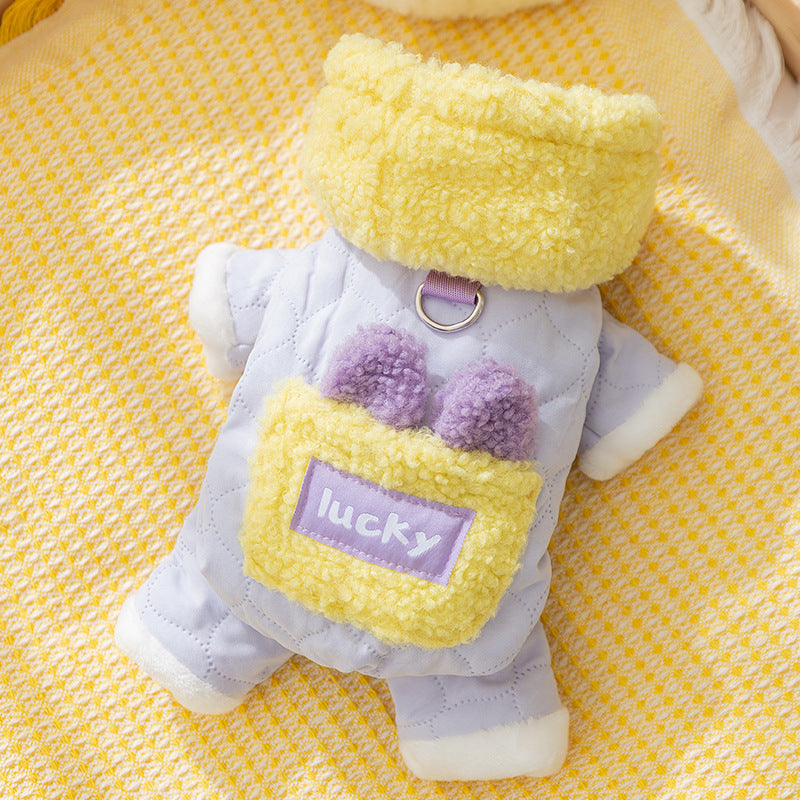 HKM-4969021 Cozy Cotton Dog Outfit with Pockets and 3D Bear Ears for Winter Adventures