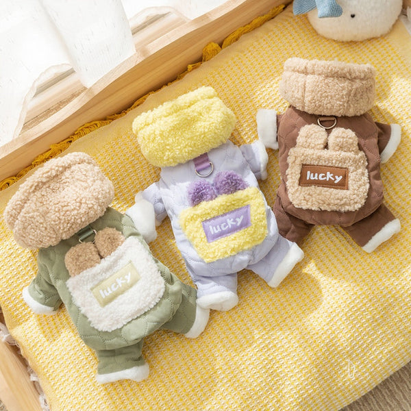 HKM-4969021 Cozy Cotton Dog Outfit with Pockets and 3D Bear Ears for Winter Adventures