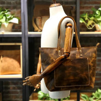 HKM-496979 Vintage Leather Tote Bag – Large Capacity Crazy Horse Leather Handbag for Women