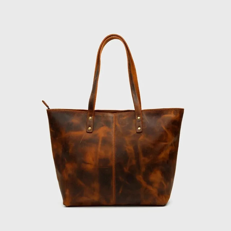 HKM-496979 Vintage Leather Tote Bag – Large Capacity Crazy Horse Leather Handbag for Women