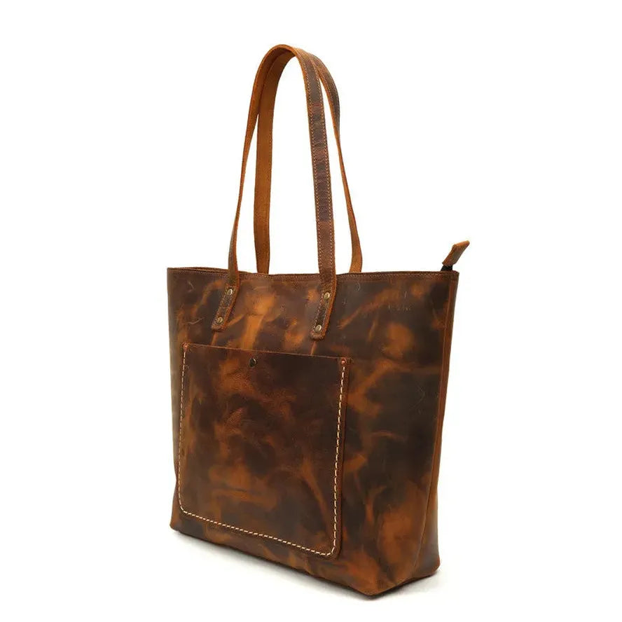 HKM-496979 Vintage Leather Tote Bag – Large Capacity Crazy Horse Leather Handbag for Women
