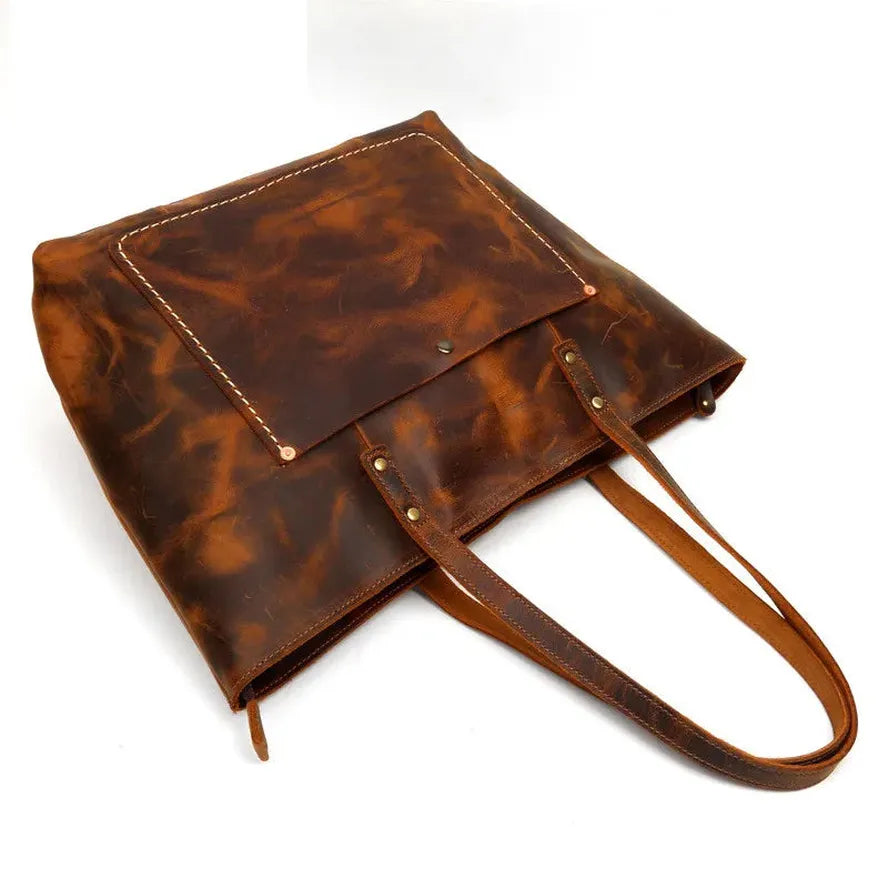 HKM-496979 Vintage Leather Tote Bag – Large Capacity Crazy Horse Leather Handbag for Women