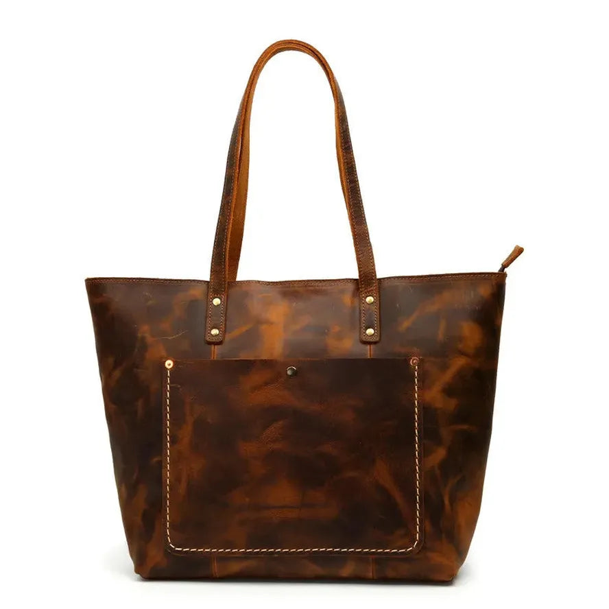 HKM-496979 Vintage Leather Tote Bag – Large Capacity Crazy Horse Leather Handbag for Women