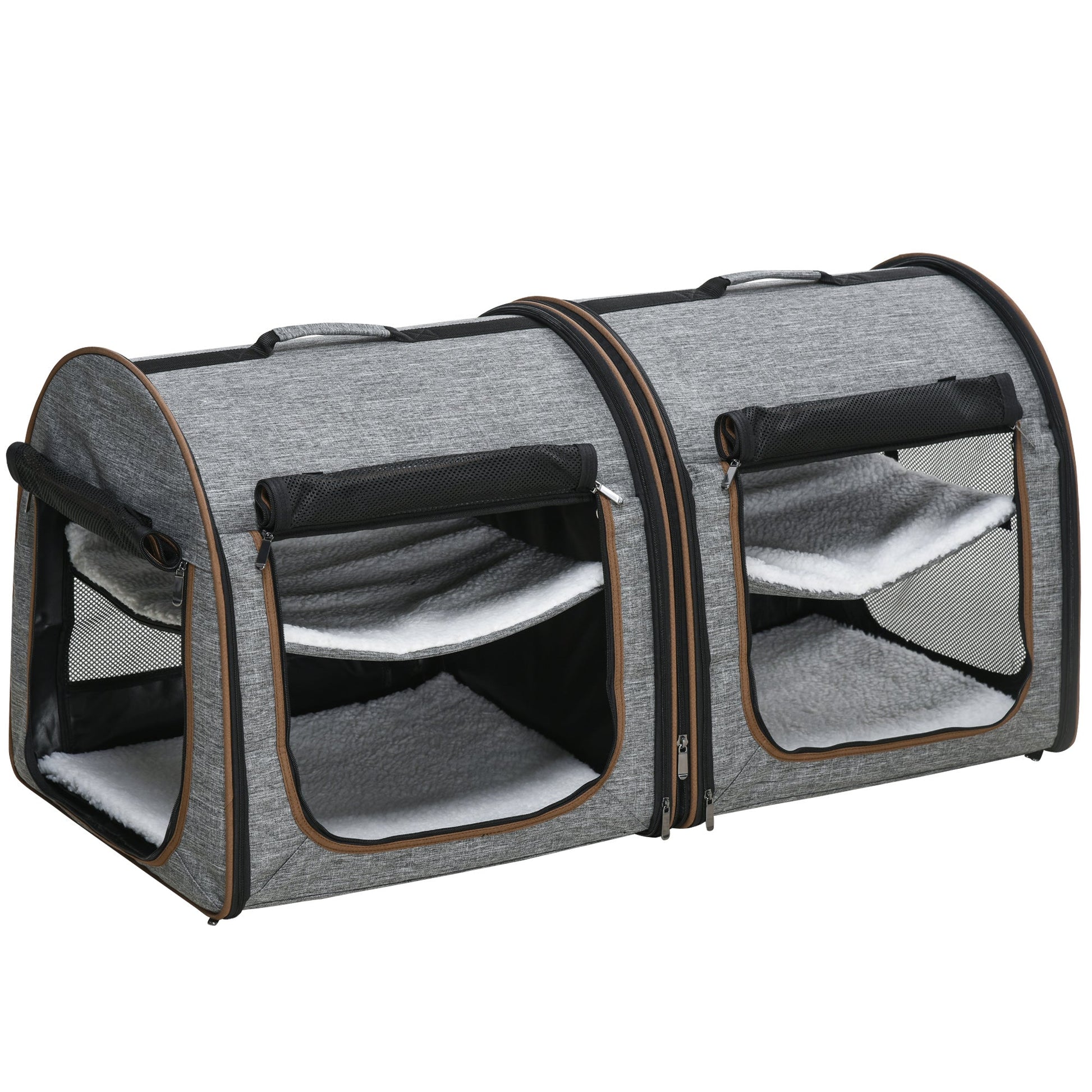 HKM-4972477 Portable Soft-Sided Cat Carrier with Divider and Two Compartments, Padded Design, Grey