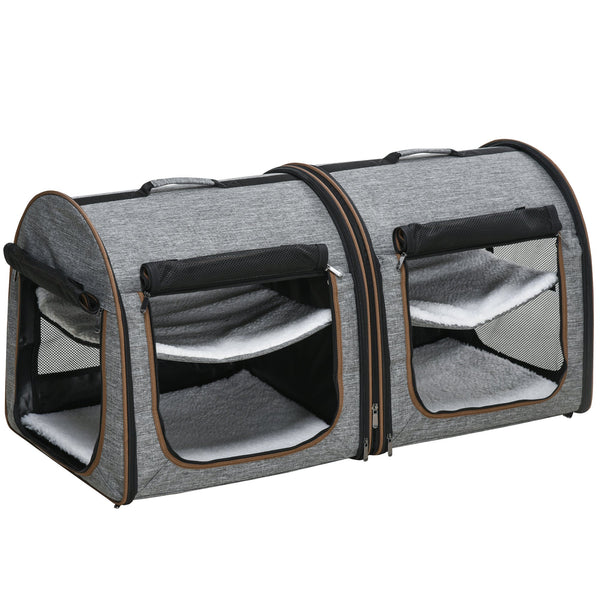 HKM-4972477 Portable Soft-Sided Cat Carrier with Divider and Two Compartments, Padded Design, Grey