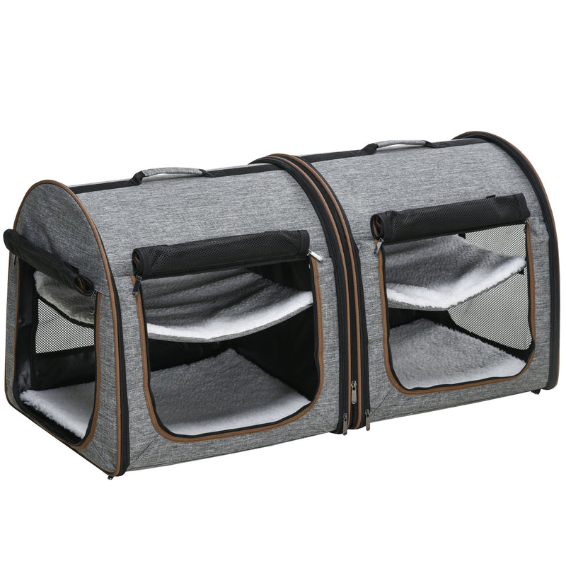 HKM-4972477 Portable Soft-Sided Cat Carrier with Divider and Two Compartments, Padded Design, Grey
