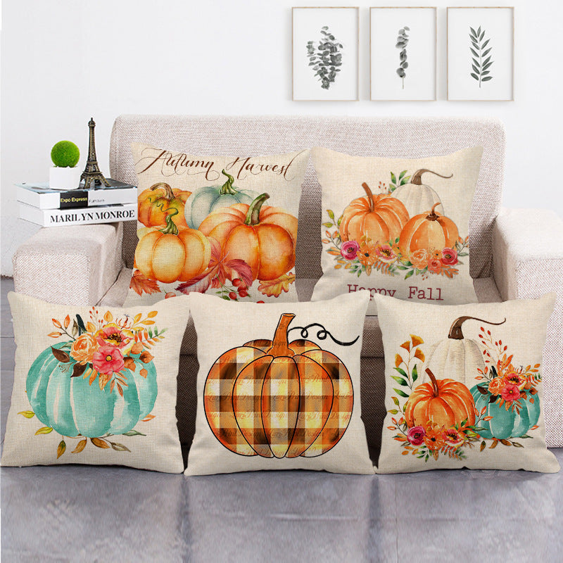 HKM-497299 Painted Pumpkin Linen Pillowcase for Home and Outdoor Decor, 45x45cm