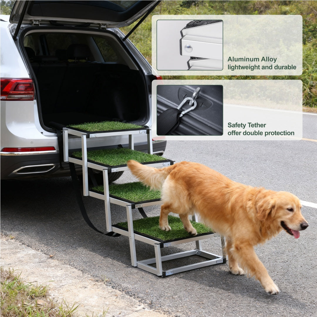 HKM-4973501 Foldable Dog Ramp for Large Pets, Lightweight Aluminum, Non-Slip Surface, Supports Up to 250lbs, Easy Setup for Cars and SUVs