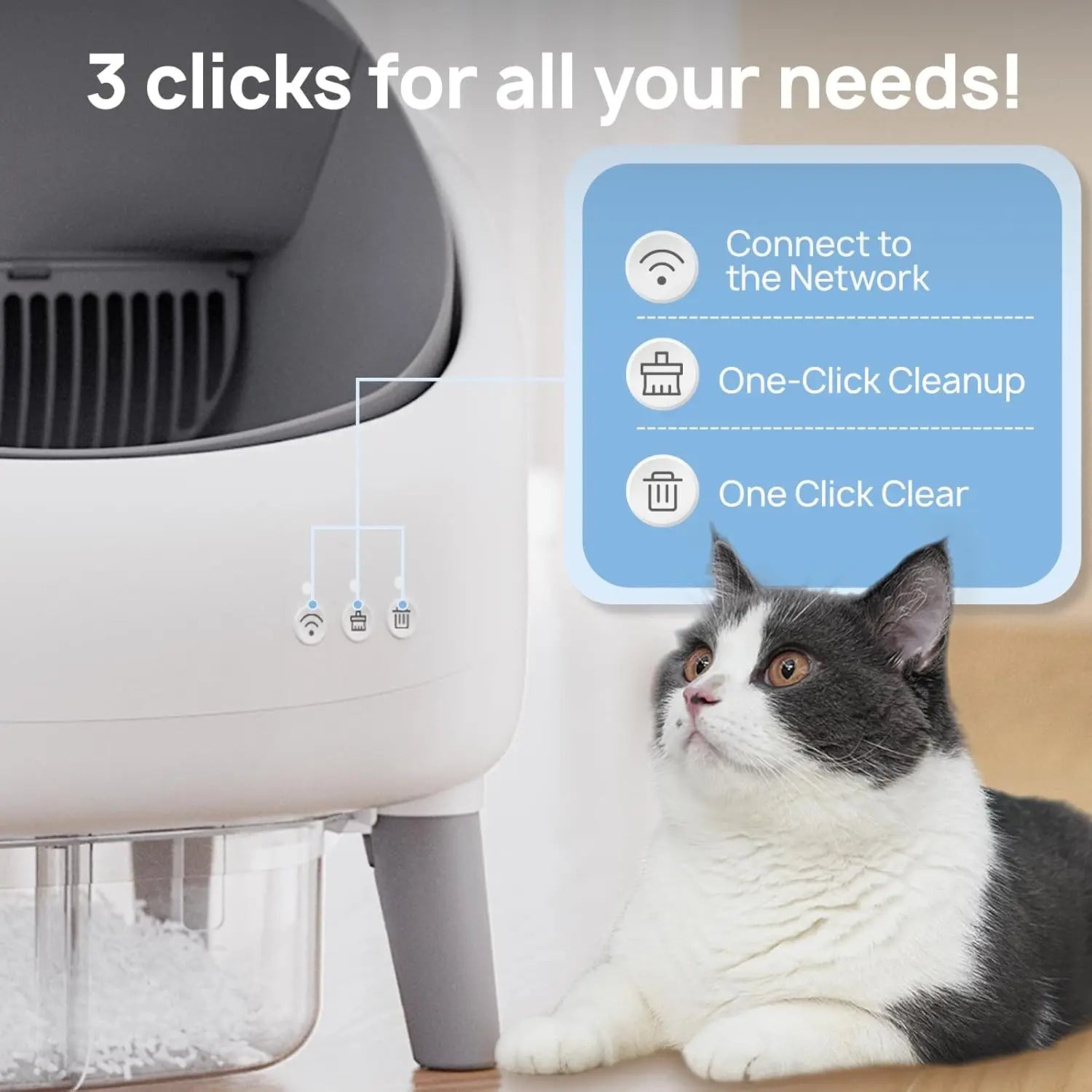 HKM-497363 Automatic Self-Cleaning Cat Litter Box with APP Control and Dual Safety Sensors, Grey-White Plastic