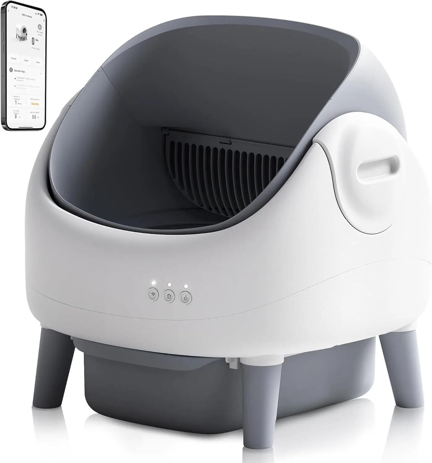 HKM-497363 Automatic Self-Cleaning Cat Litter Box with APP Control and Dual Safety Sensors, Grey-White Plastic