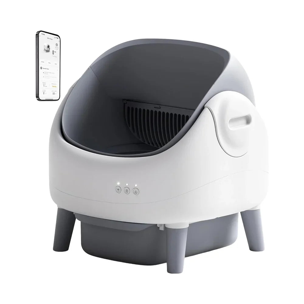 HKM-497363 Automatic Self-Cleaning Cat Litter Box with APP Control and Dual Safety Sensors, Grey-White Plastic