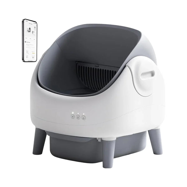 HKM-497363 Automatic Self-Cleaning Cat Litter Box with APP Control and Dual Safety Sensors, Grey-White Plastic