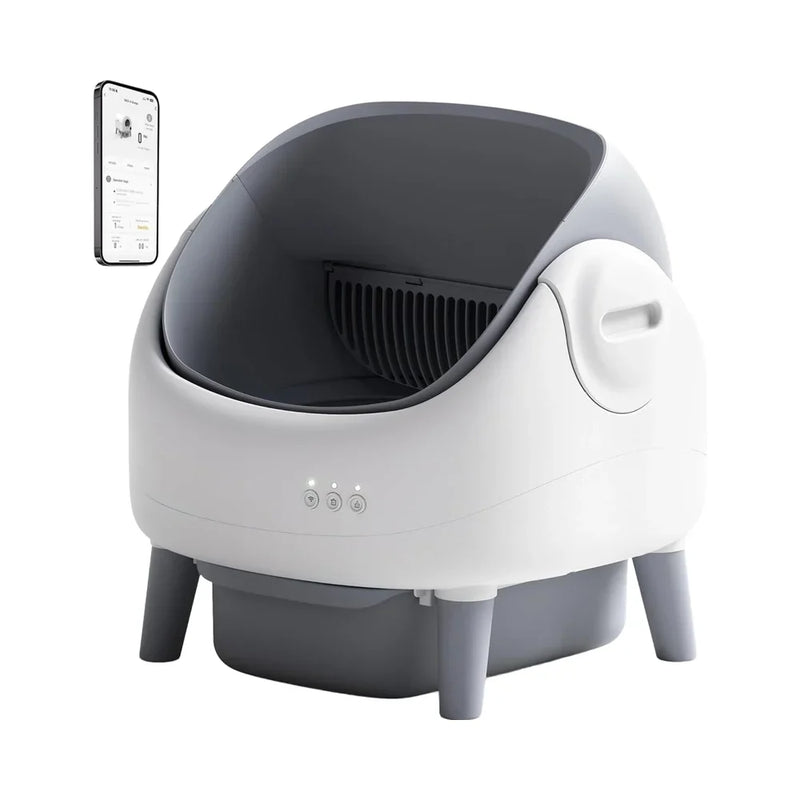 HKM-497363 Automatic Self-Cleaning Cat Litter Box with APP Control and Dual Safety Sensors, Grey-White Plastic