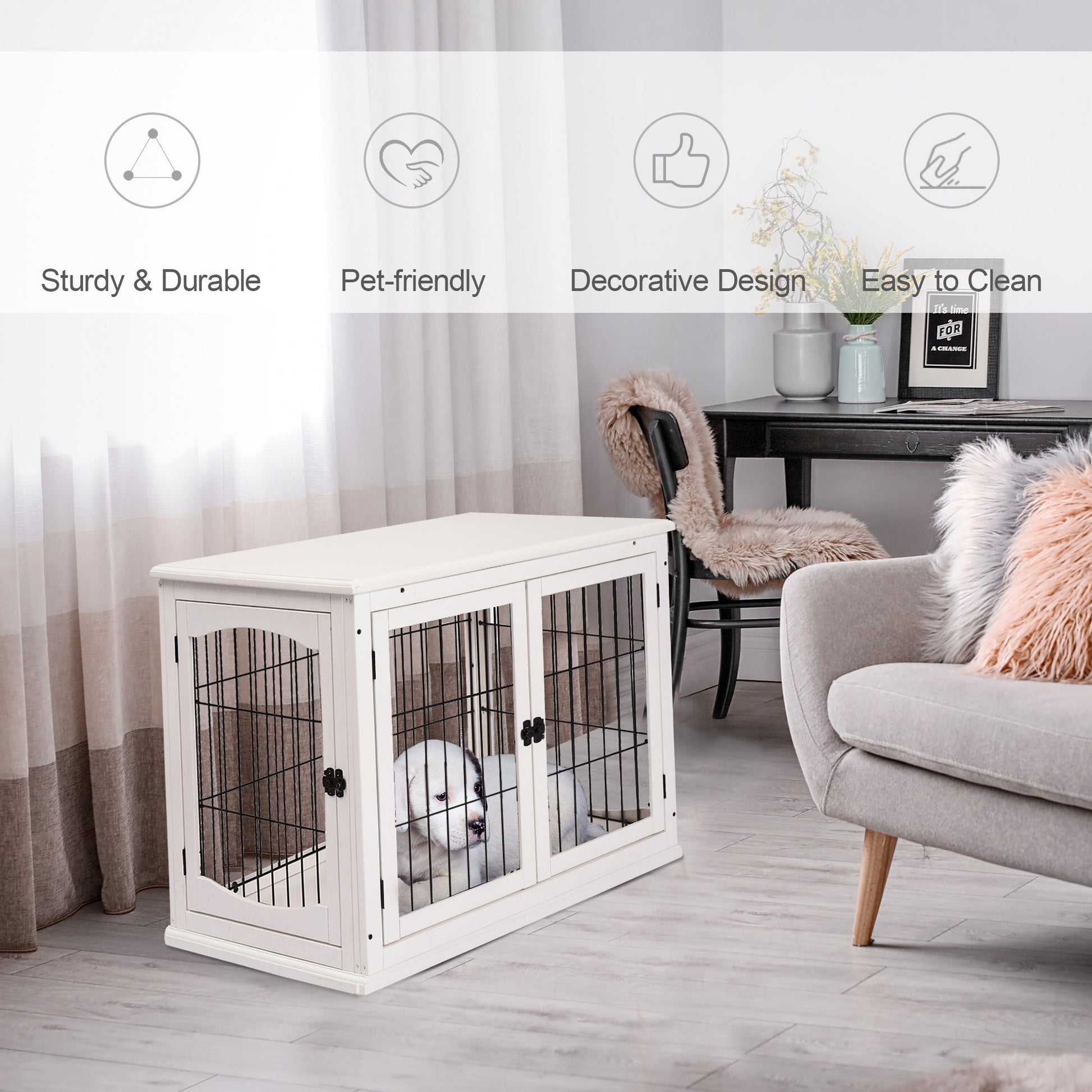 HKM-4973885 32" White Dog Crate Furniture with Lockable Doors and Dual Access for Small Dogs