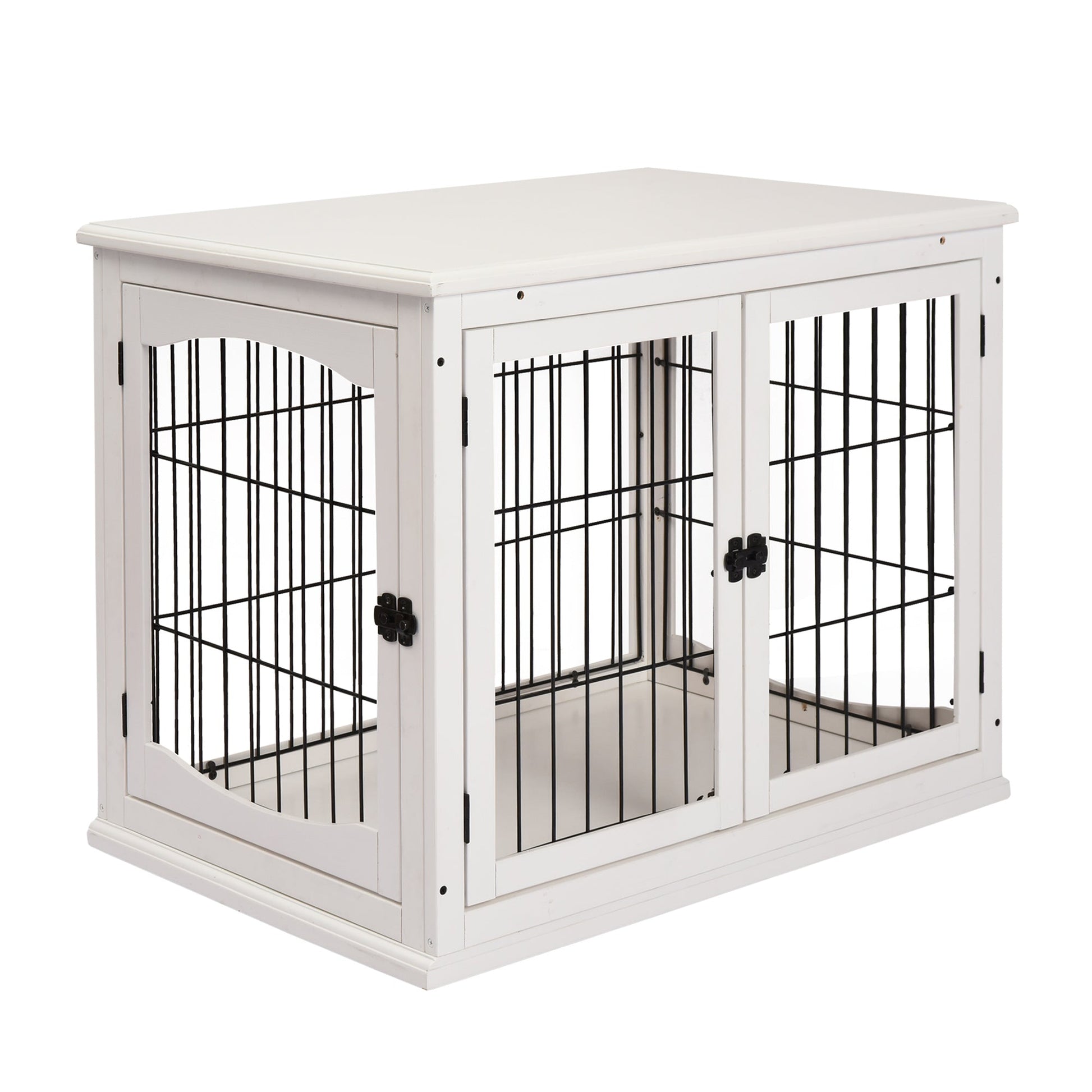 HKM-4973885 32" White Dog Crate Furniture with Lockable Doors and Dual Access for Small Dogs