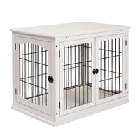 HKM-4973885 32" White Dog Crate Furniture with Lockable Doors and Dual Access for Small Dogs