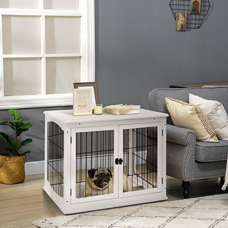HKM-4973885 32" White Dog Crate Furniture with Lockable Doors and Dual Access for Small Dogs