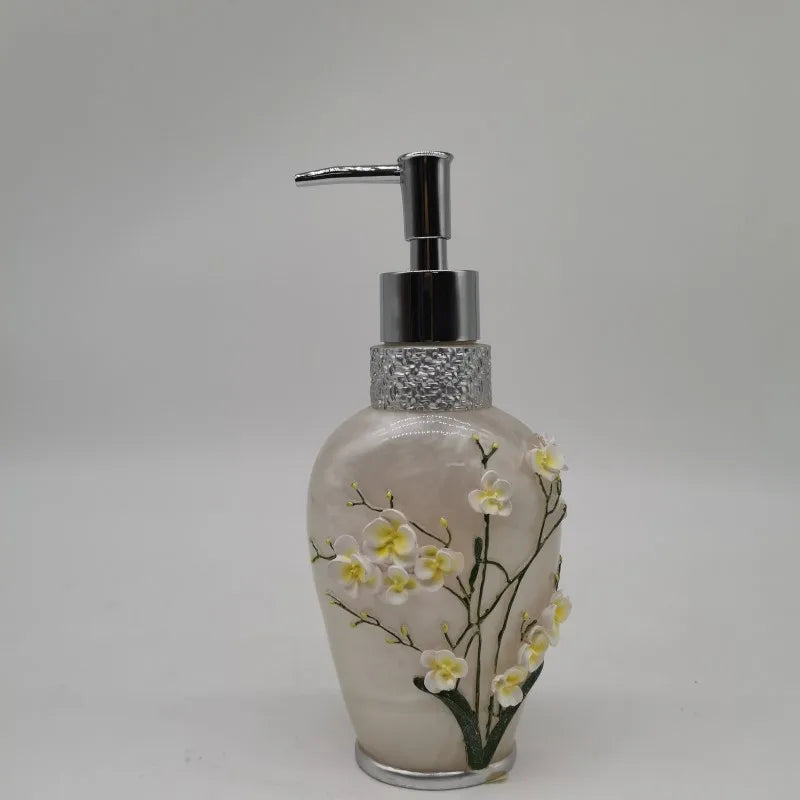 HKM-497491 Flower Pattern Polyresin Bathroom Accessory Set in Blue - Includes Lotion Dispenser, Toothbrush Holder, Soap Dish, Tumbler, Toilet Brush Holder, Amenity Tray, Tissue Cover, and Waste Bin