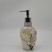HKM-497491 Flower Pattern Polyresin Bathroom Accessory Set in Blue - Includes Lotion Dispenser, Toothbrush Holder, Soap Dish, Tumbler, Toilet Brush Holder, Amenity Tray, Tissue Cover, and Waste Bin