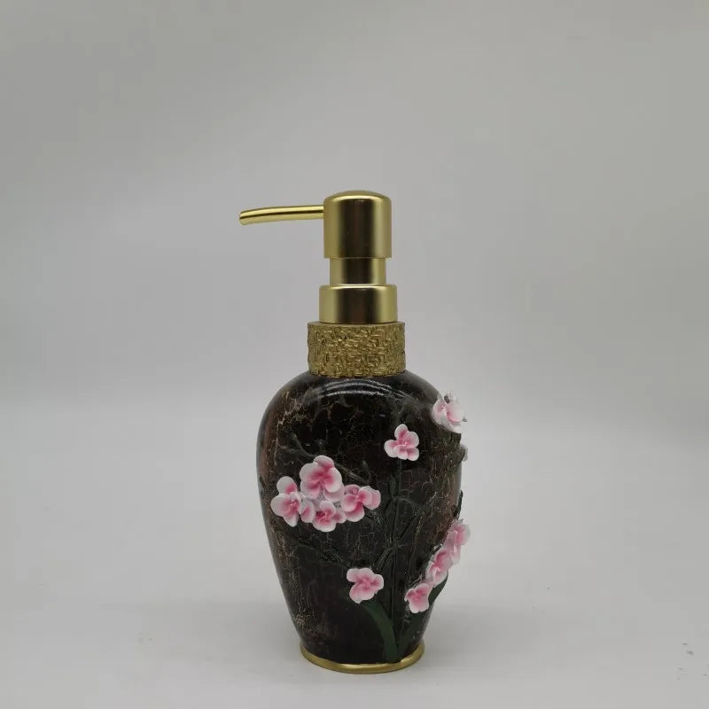 HKM-497491 Flower Pattern Polyresin Bathroom Accessory Set in Blue - Includes Lotion Dispenser, Toothbrush Holder, Soap Dish, Tumbler, Toilet Brush Holder, Amenity Tray, Tissue Cover, and Waste Bin