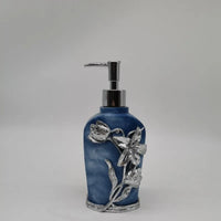 HKM-497491 Flower Pattern Polyresin Bathroom Accessory Set in Blue - Includes Lotion Dispenser, Toothbrush Holder, Soap Dish, Tumbler, Toilet Brush Holder, Amenity Tray, Tissue Cover, and Waste Bin