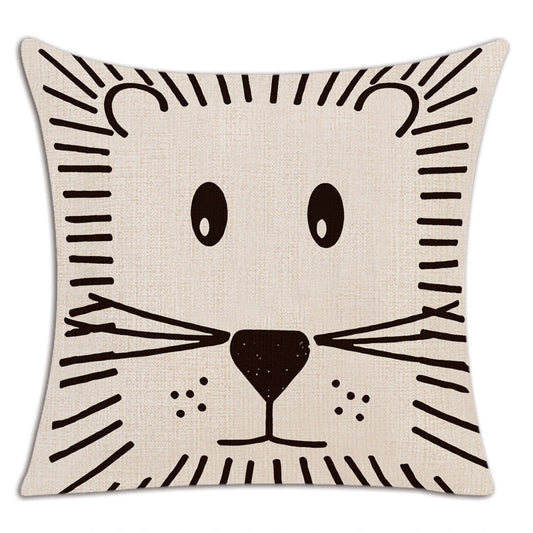 HKM-497747 Geometric Lion Print Linen Cushion Cover - Modern 45x45cm Decorative Pillow