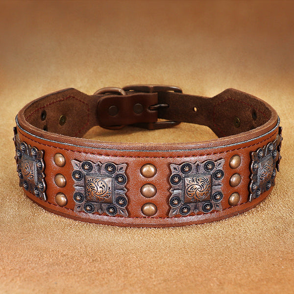 HKM-4977981 Premium Cowhide Rivet Dog Collar for Large and Extra Large Dogs, Black or Brown, Durable Design