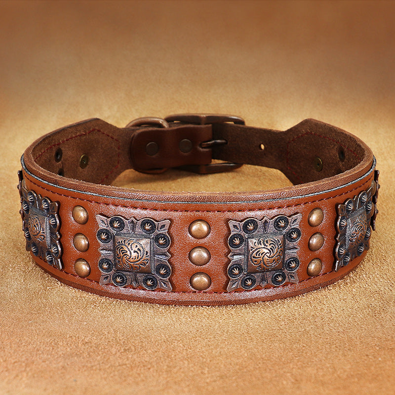 HKM-4977981 Premium Cowhide Rivet Dog Collar for Large and Extra Large Dogs, Black or Brown, Durable Design