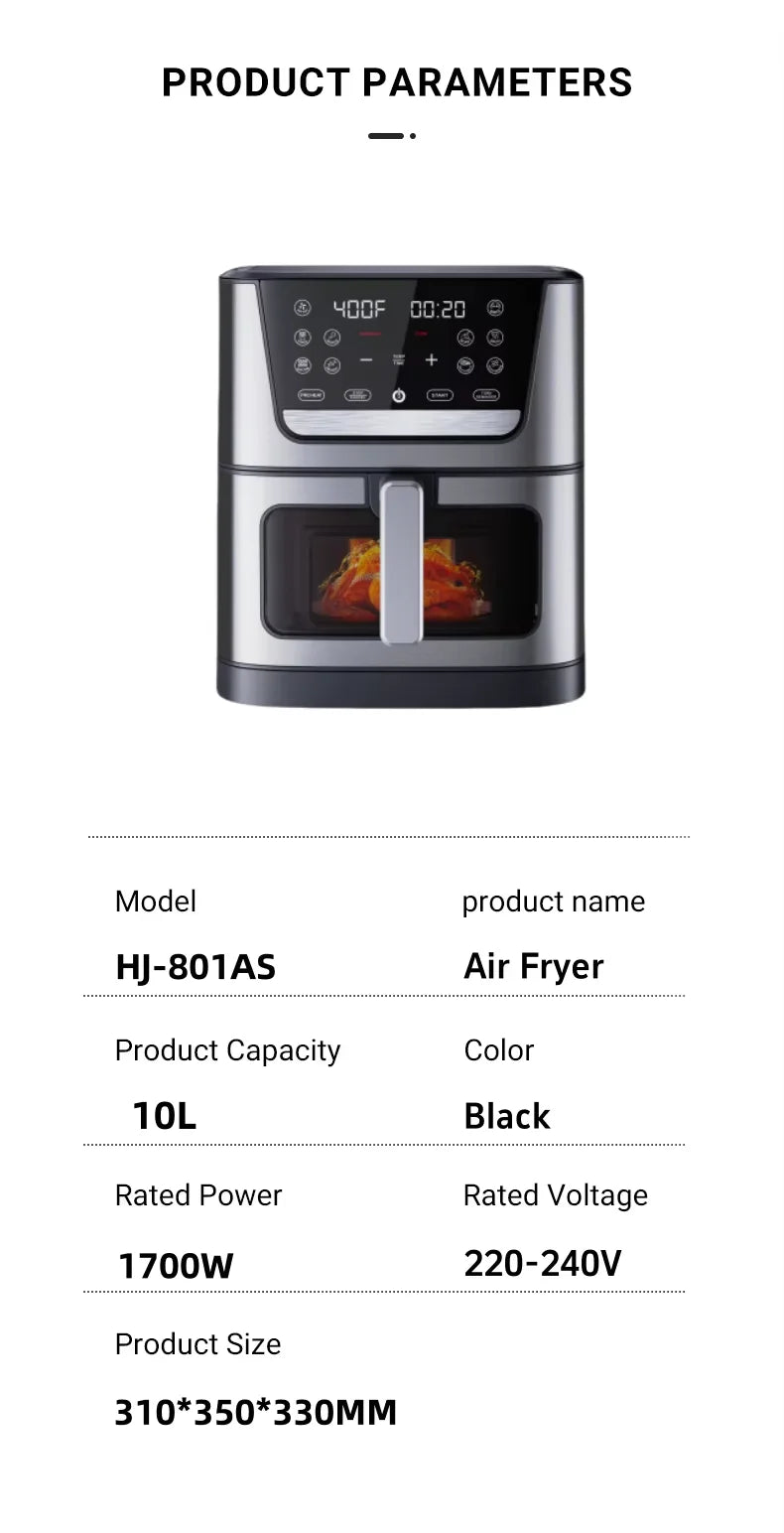 HKM-497811 10L Multi-Functional Oil-Free Air Fryer with Digital Controls for Quick Cooking of Pizza and More