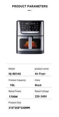 HKM-497811 10L Multi-Functional Oil-Free Air Fryer with Digital Controls for Quick Cooking of Pizza and More