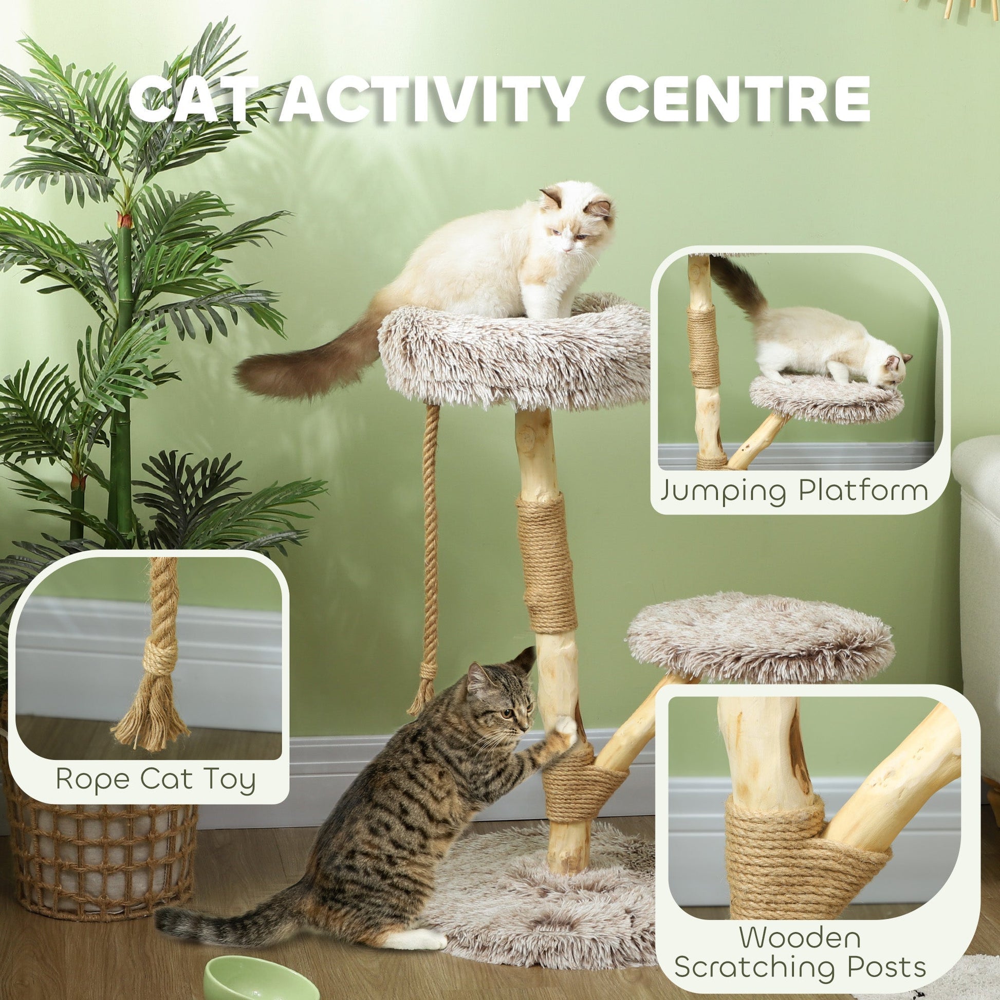 HKM-4979261 35-Inch Indoor Cat Tree with Wooden Scratching Posts, Plush Cat Bed, and Rope Toy in Brown