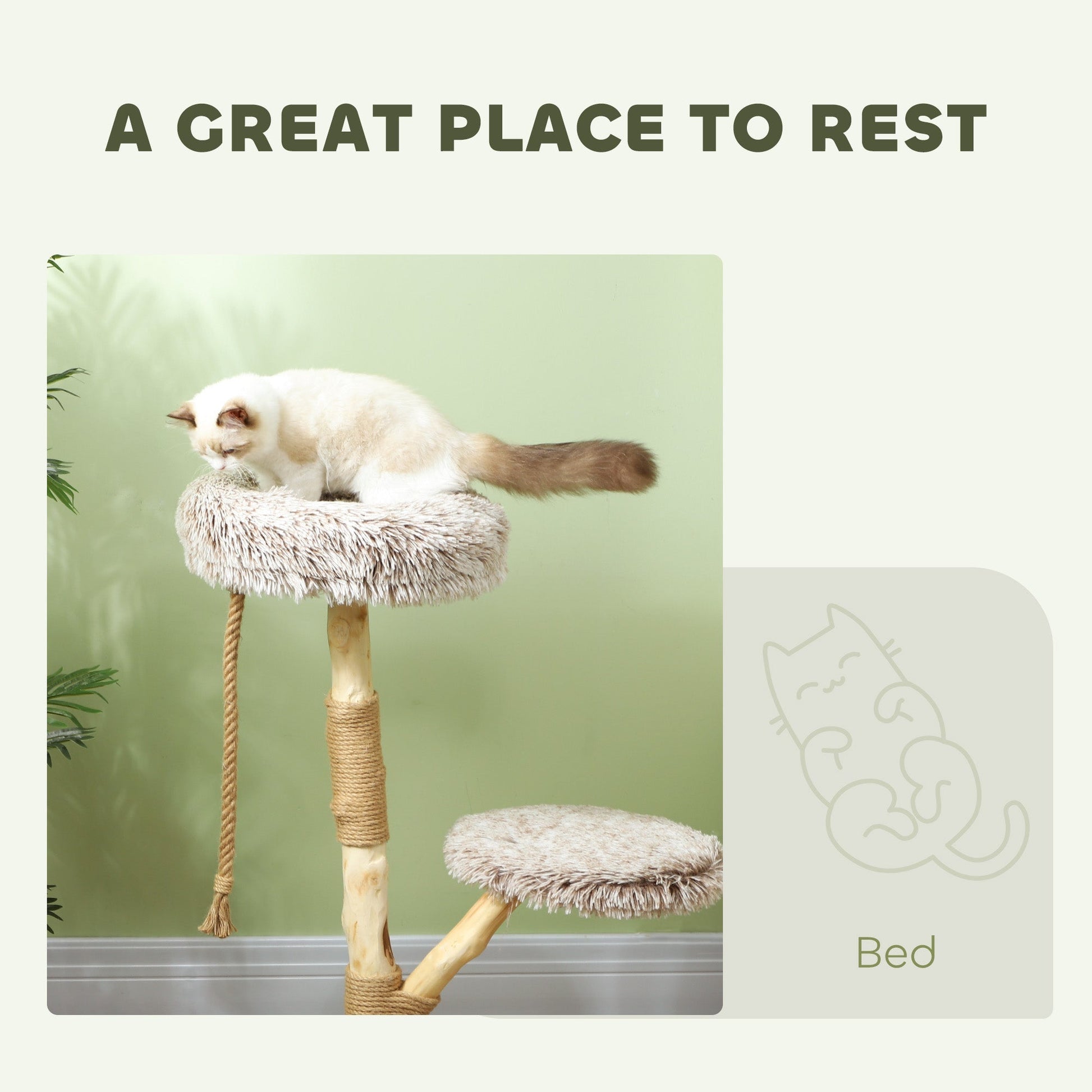 HKM-4979261 35-Inch Indoor Cat Tree with Wooden Scratching Posts, Plush Cat Bed, and Rope Toy in Brown