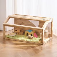 HKM-4979645 Spacious Wooden Hamster Cage Habitat with Clear Acrylic Panels for Small Pets