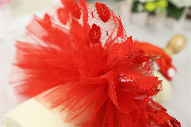 HKM-4982333 Elegant Red Mesh Dog Wedding Dress with Shiny Leaf Design, Sizes XS to XL