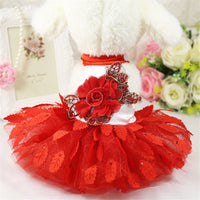 HKM-4982333 Elegant Red Mesh Dog Wedding Dress with Shiny Leaf Design, Sizes XS to XL