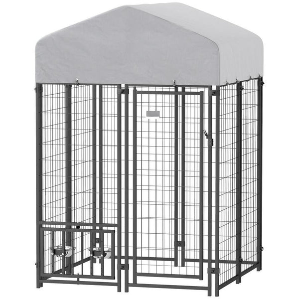 HKM-498387 Outdoor Welded Wire Dog Kennel with Rotating Bowl Holder and Adjustable Heights, Waterproof Cover, 3.9 x 3.9 x 6 ft