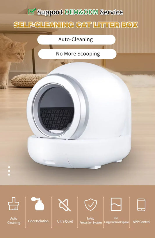 HKM-498515 Eco-Friendly Full-Automatic Cat Litter Box with 65L Capacity and Intelligent One-Button Shoveling Design