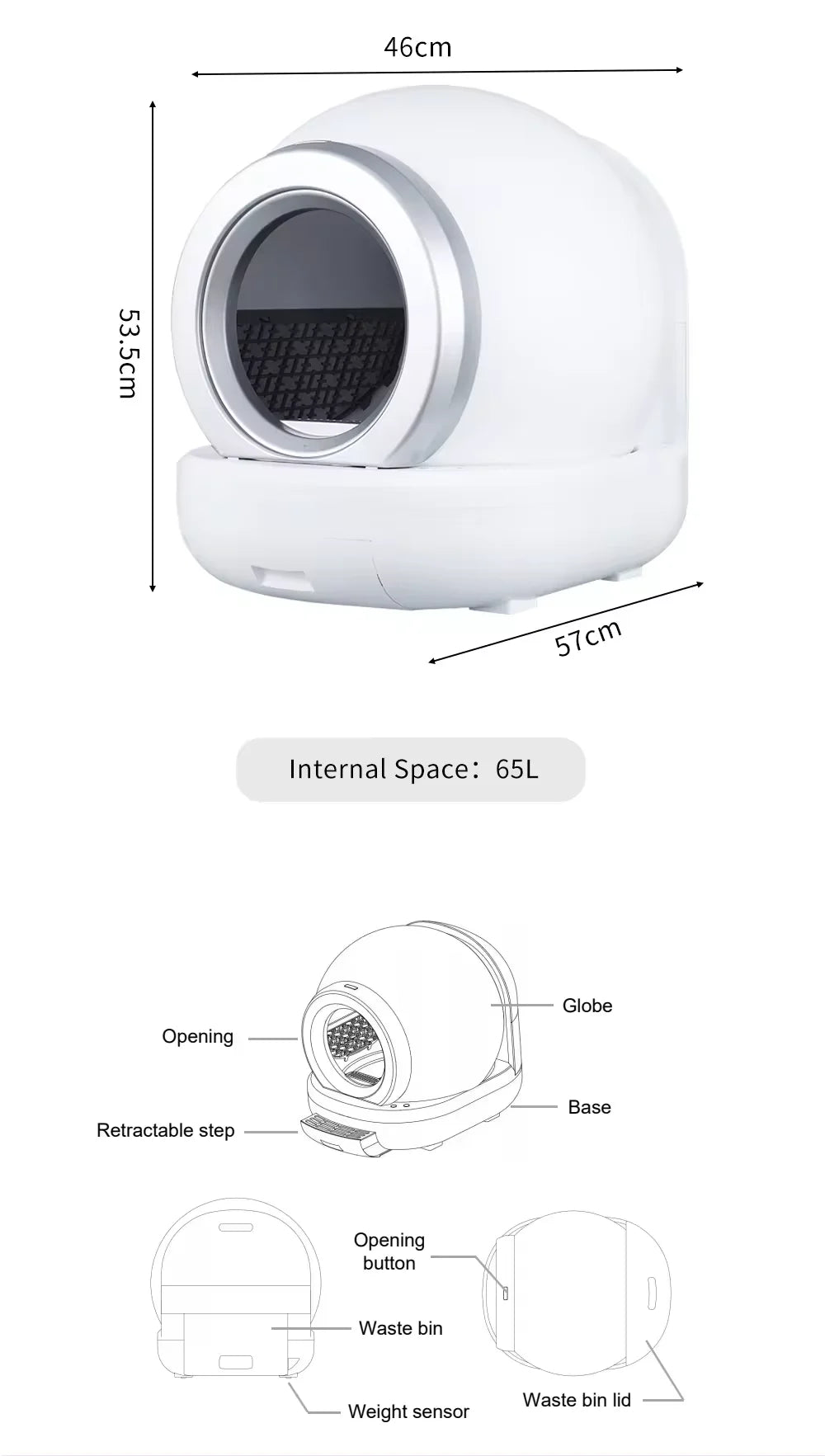 HKM-498515 Eco-Friendly Full-Automatic Cat Litter Box with 65L Capacity and Intelligent One-Button Shoveling Design