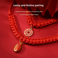 HKM-4989501 Hand-Woven Adjustable Pet Collar in Red with Auspicious Cloud and Copper Coin Designs