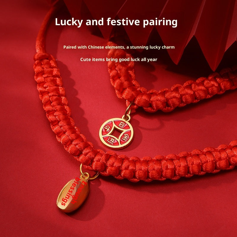 HKM-4989501 Hand-Woven Adjustable Pet Collar in Red with Auspicious Cloud and Copper Coin Designs