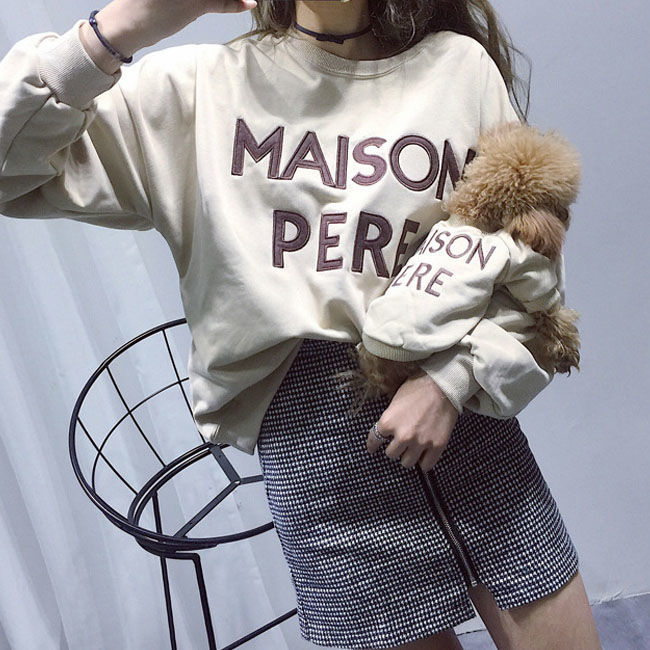 HKM-4989885 Casual Parent-Child Terry Cotton Embroidered Letter Sweater in Yellow, Apricot, Black, and Beige